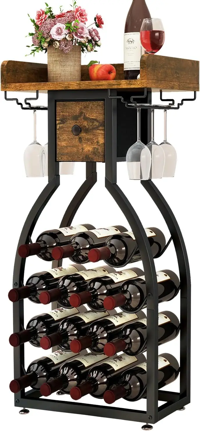 

Freestanding Floor Wine Rack for 15 Bottles with Glass Holders and Storage Drawer, Rustic Brown for Home Bar Kitchen Dining Room