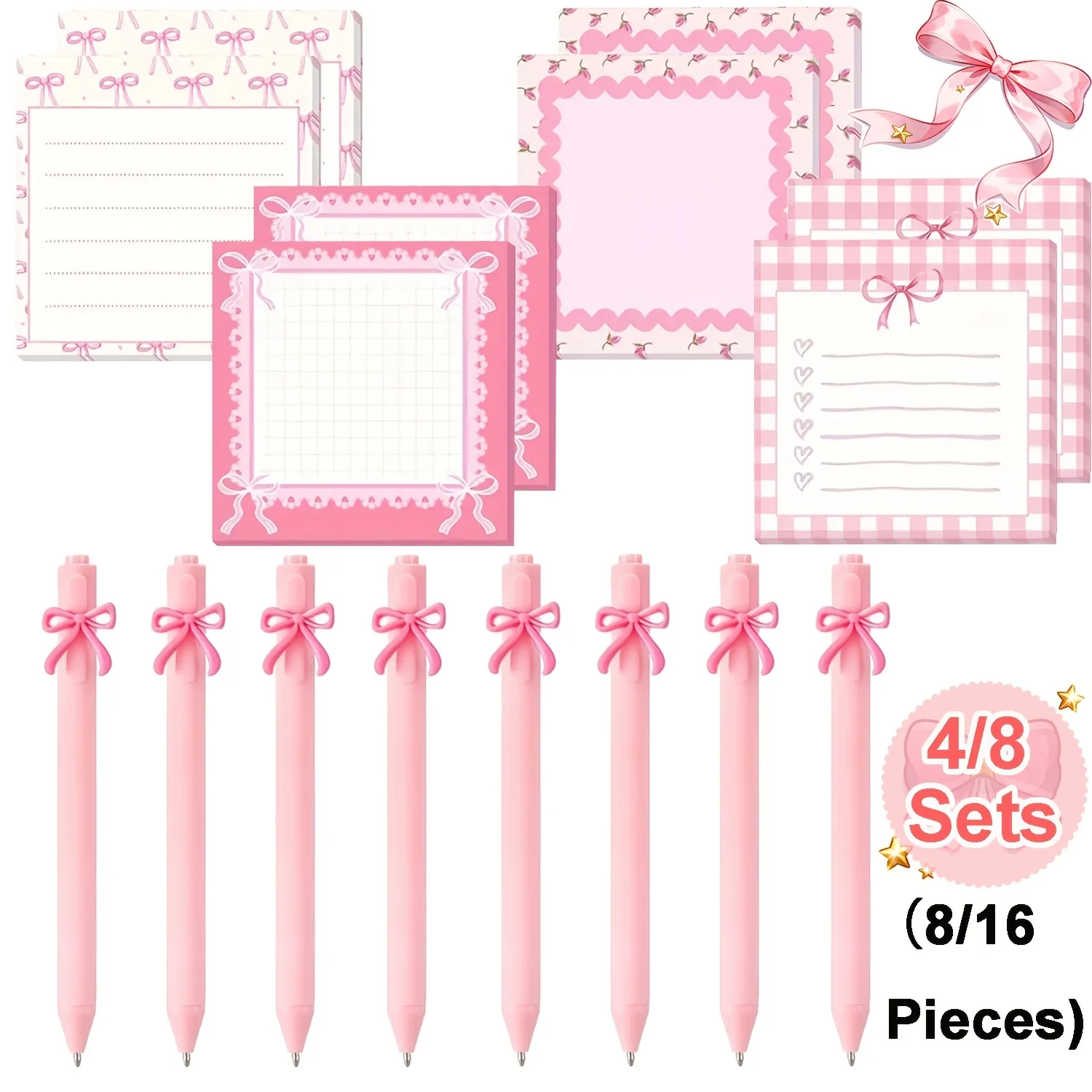 4/8 Ensembles de stylos à bille roses ludiques avec nœud et notes autocollantes – Cadeau d'été de remerciement pour fête, bureau, classe, récompense pour enseignant