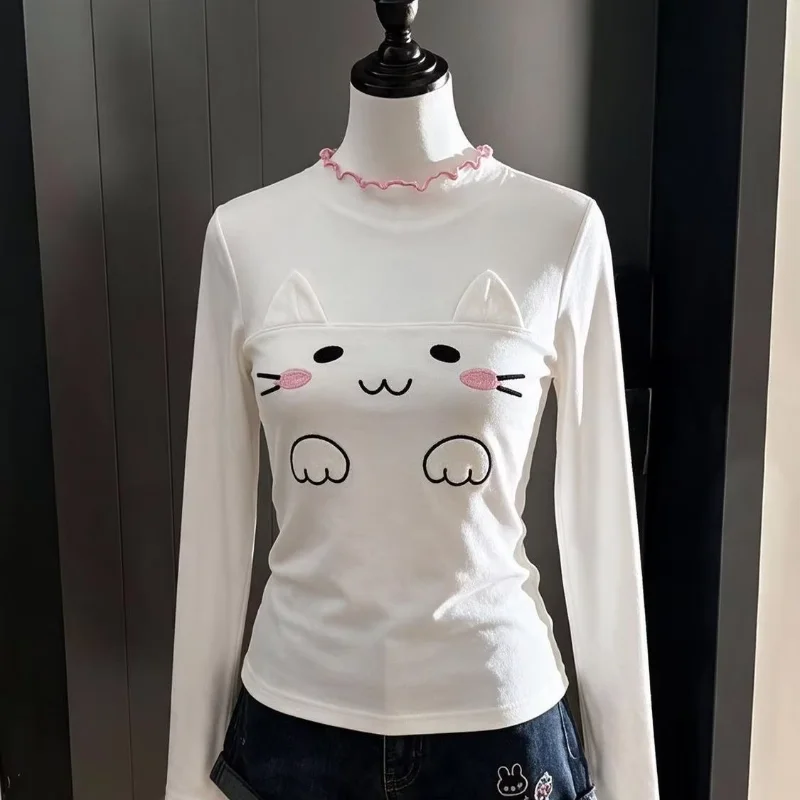 Kawaii Embroidery Half Turtleneck Long Sleeve T-shirt Women Autumn Winter Slim Fit Cropped Layer Top Cute