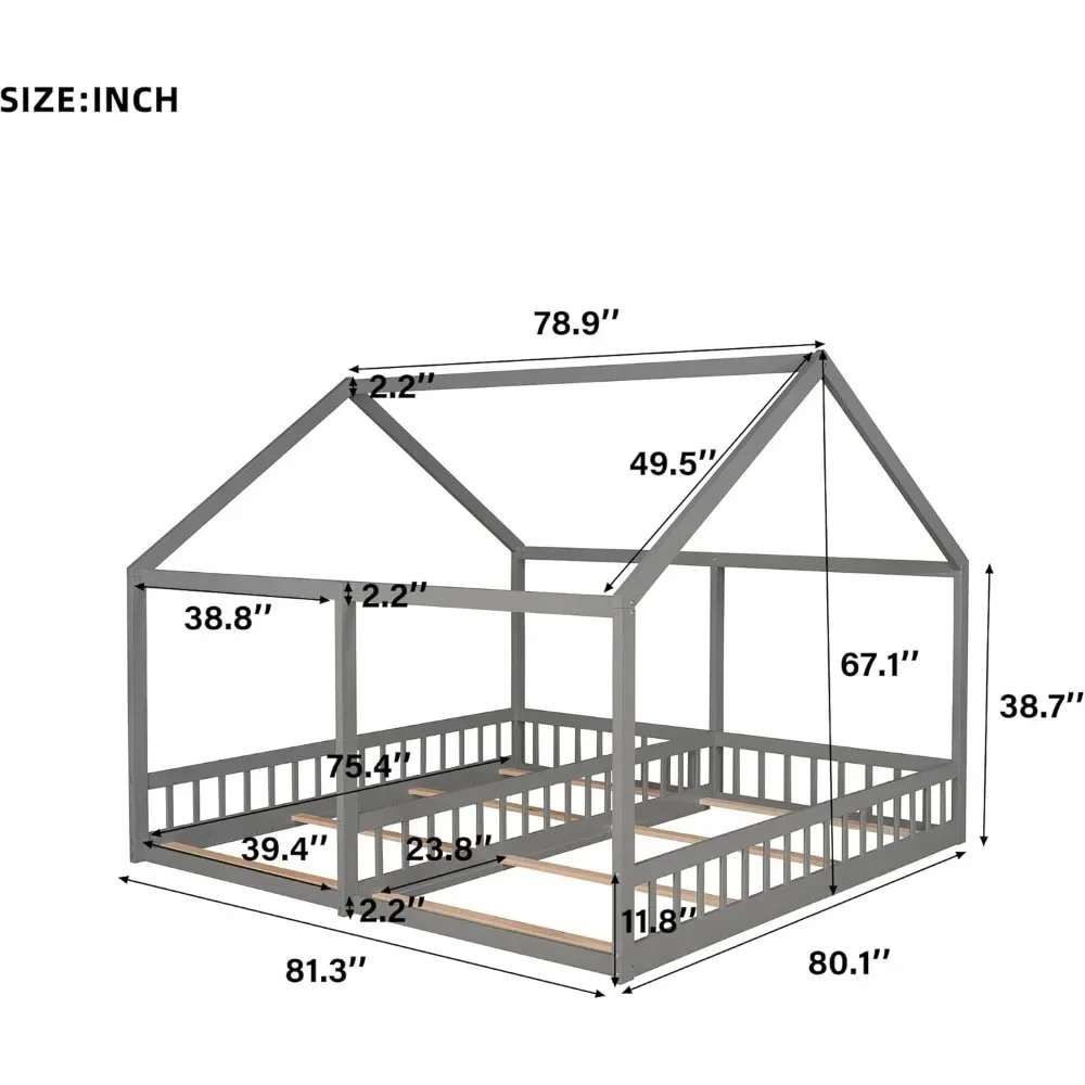 Twin Double Bed for 2 Kids,Double Twin Size Shared Bed with Fence Railings,House Floor Bed Frame Twin Size with Roof or Kids