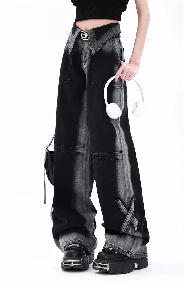 High Waist Gradient Color Block Denim Pants Women's Street Style Dopaamine Straight Leg Draping Wide Leg Pants Black Grey