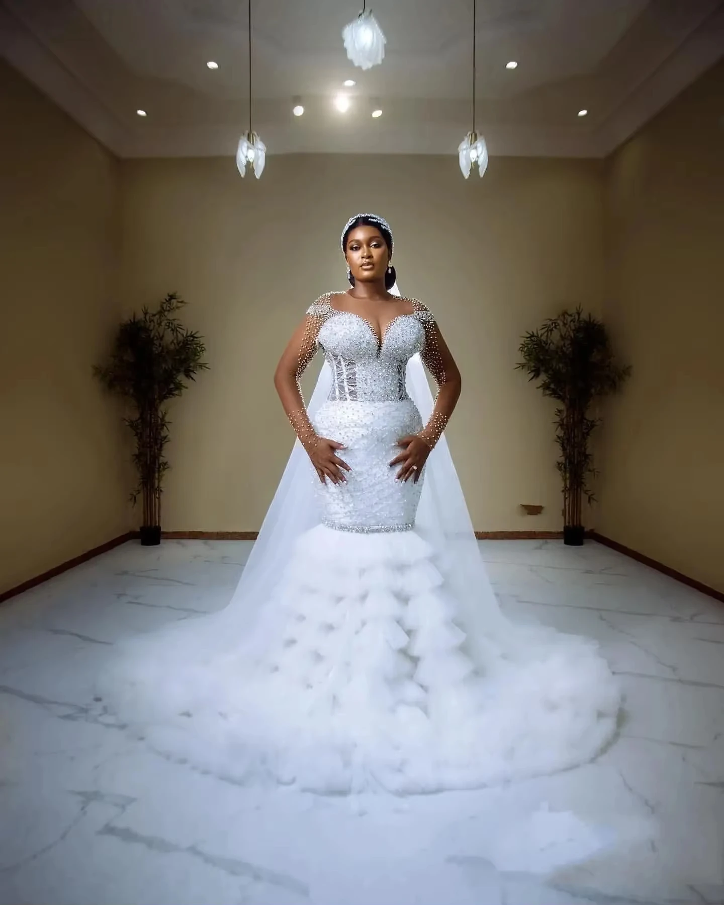 Customized  Beads Sequins Mermaid Arabic Aso Ebi Wedding Dress for Bride Long Sleeves Open Back Bridal Gown Removable