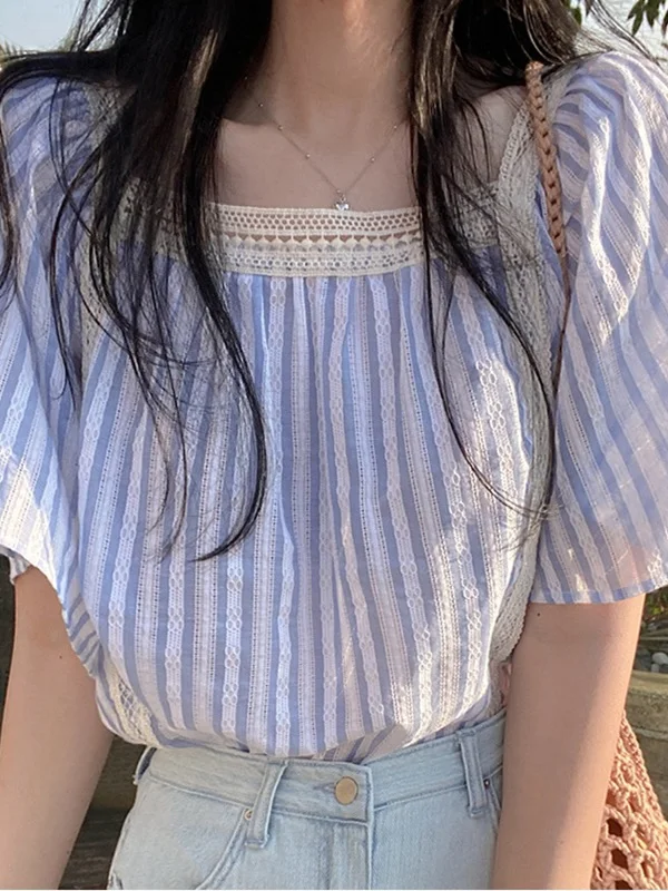 Bleu coton lin ort Sve irt été doux dentelle col carré poupée irt bulle Sve rayé irt décontracté coupe ample