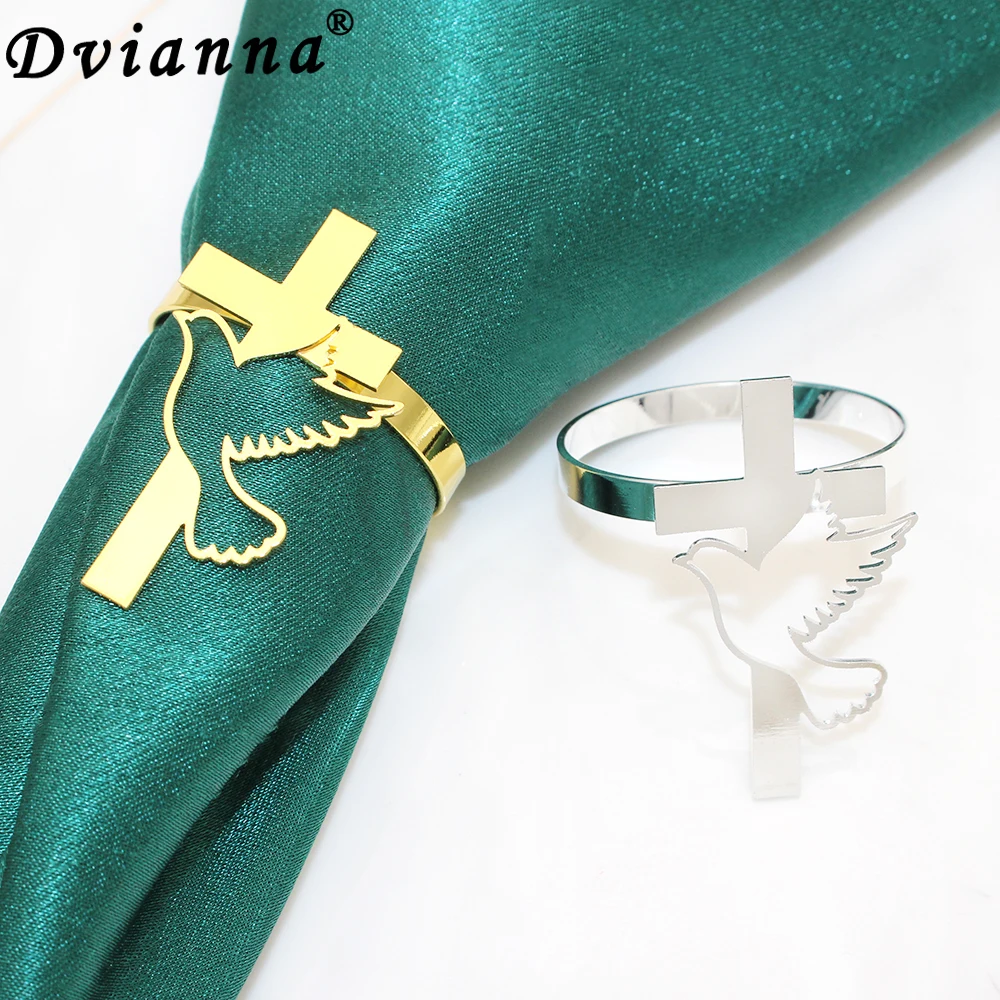 20Pcs Cross Napkin Rings Metal Peace Dove Cross Religious Napkin Holder for Christmas New Year Wedding Birthday Table Decor