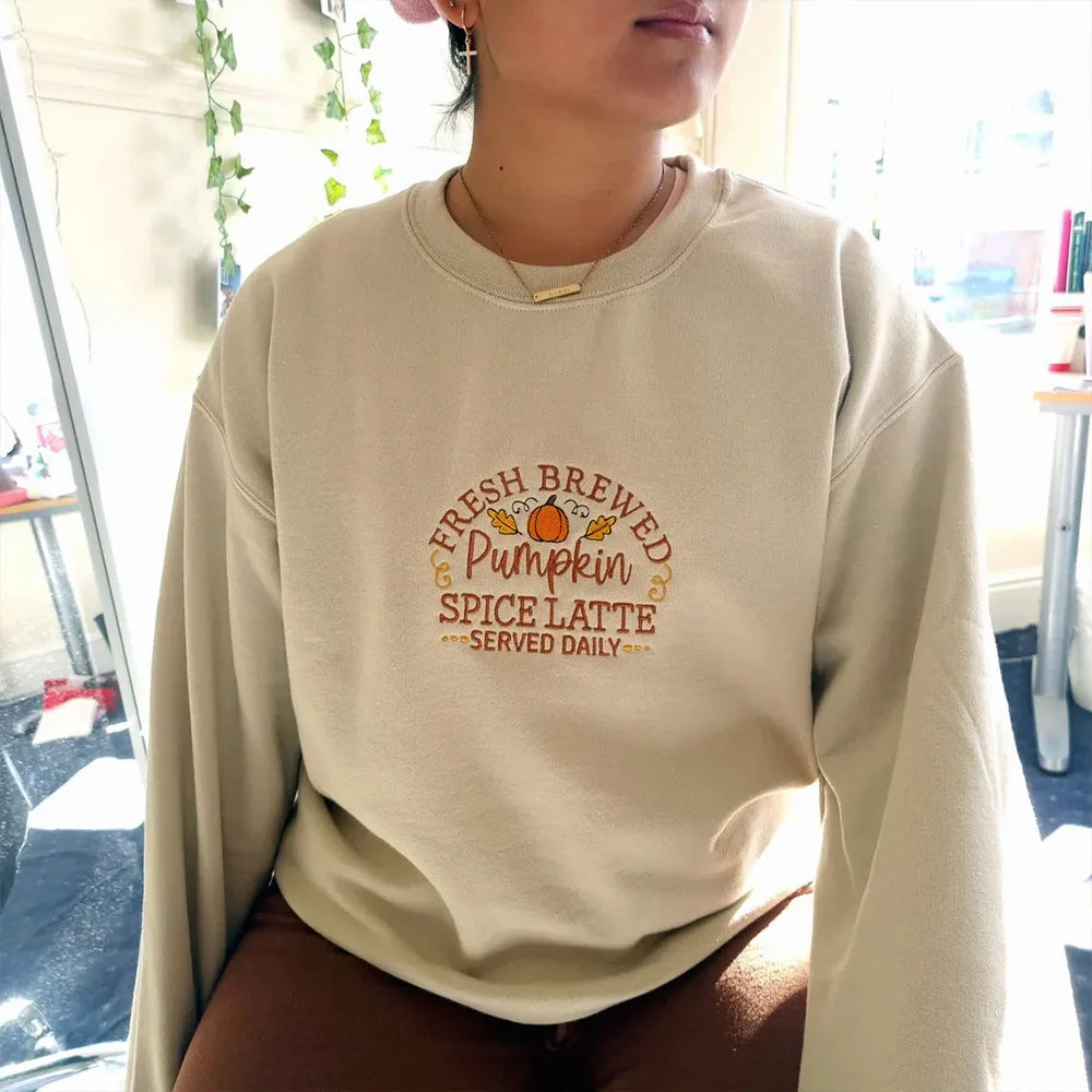 2024 Autumn Embroidered Pumpkin Spiced Latte Jumper Female Long Sleeve Loose Thick Fleece Sweatshirts Vintage Style Pullover