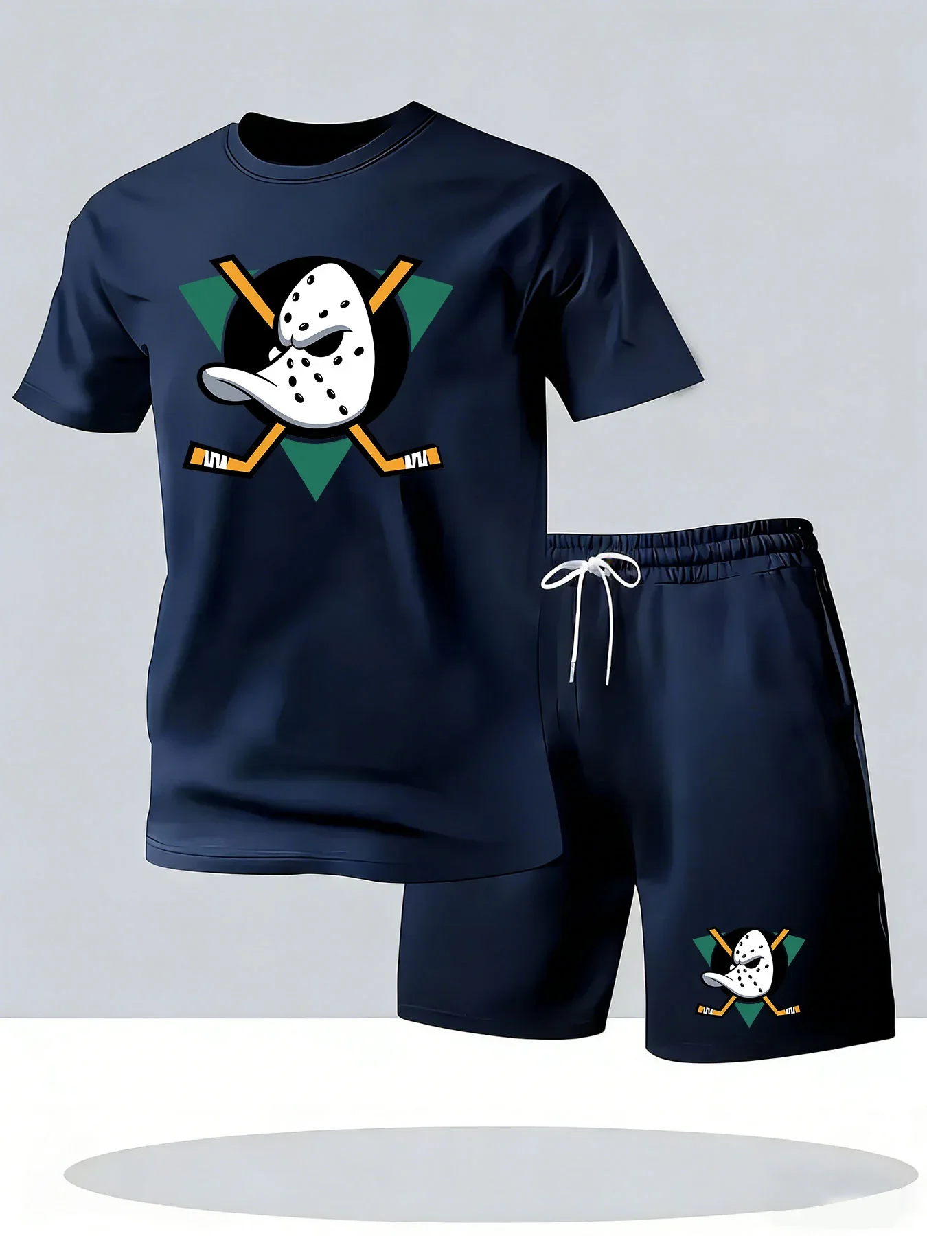 Summer New Men Sport 2Pcs Set, Trend Print Breathable Short Sleeve Tee & Adjustable Waist Shorts