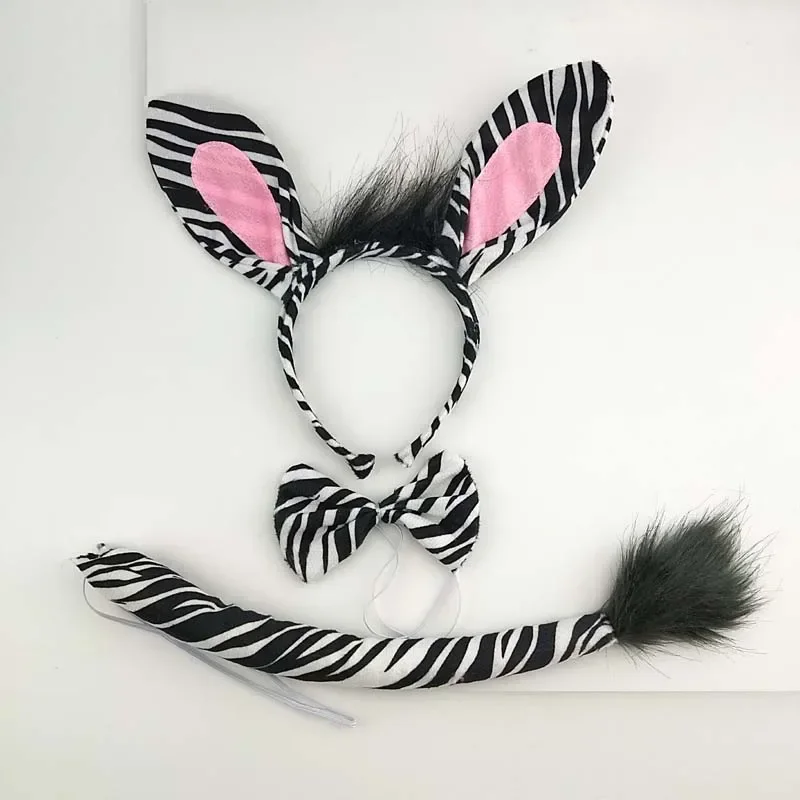 Adults Kids Plush Cartoon Animal Zebra Ear Headband Hairband Tail Bow Birthday Party Gift Cosplay Costume Christmas Halloween