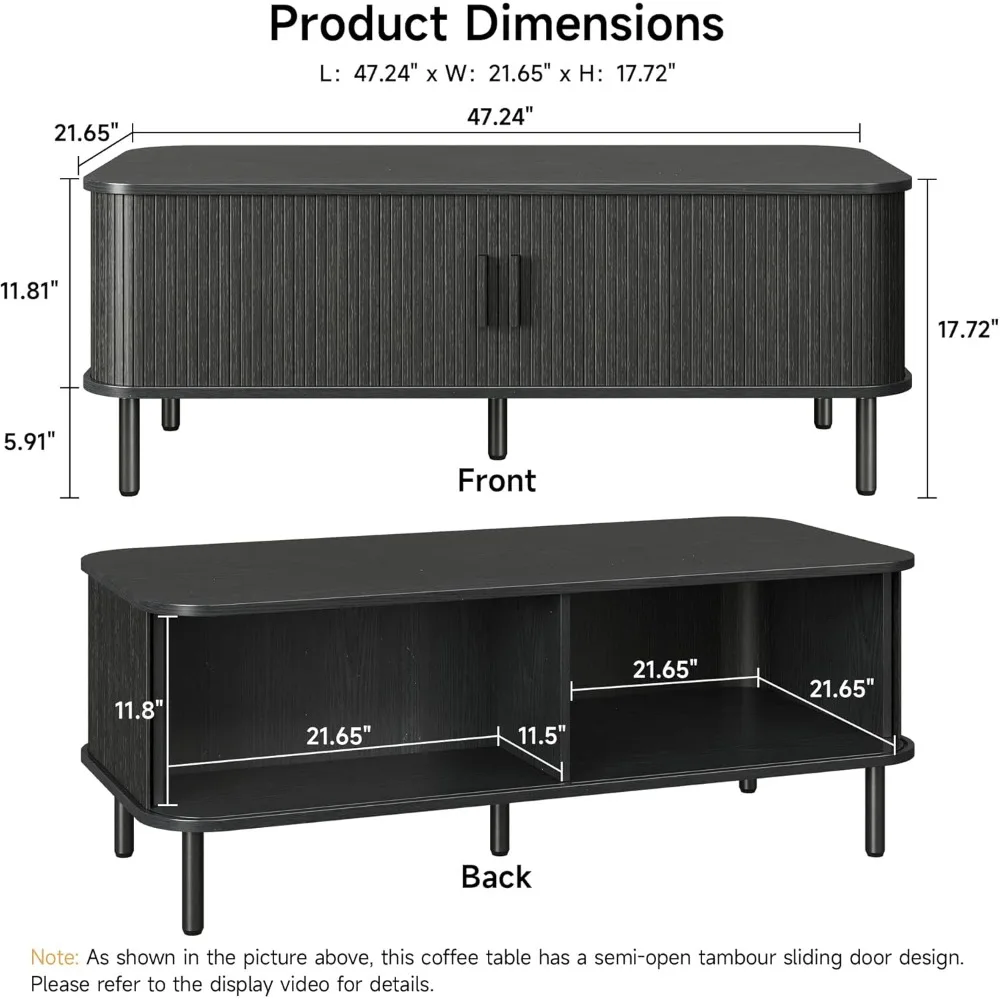 Mid-Century Modern Rectangular Coffee Table with Storage, 47.2 Living Room Wood Centerpiece with Sliding Shelf