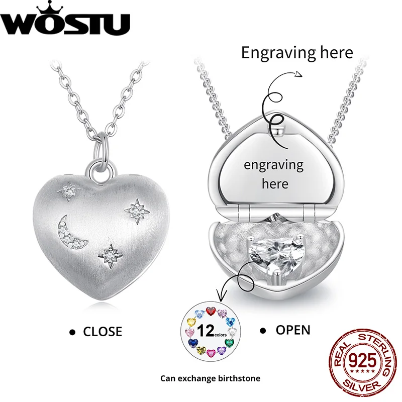 

WOSTU 925 sterling Silver Engravable Love Heart Birthstone Pendant Necklace for Women Wedding Engagement Handmade Jewelry Gift