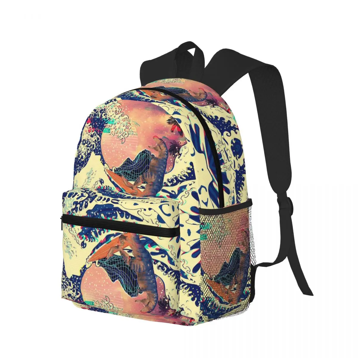 

Under The Wave Of Kanagawa Sunrise Dinosaur Student Backpack School Bag Hiking Travel Daypack for Men Women Bookbag Shoulder Bag