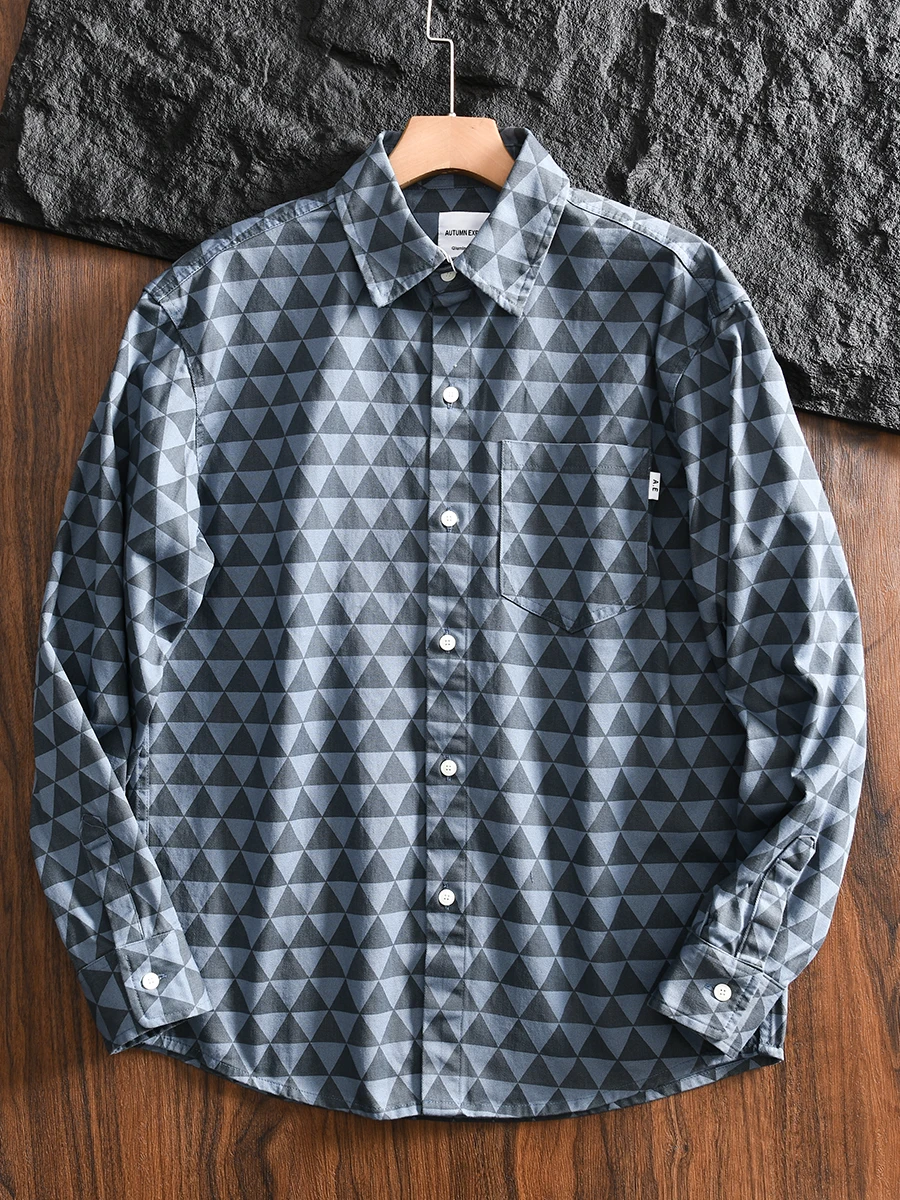Camisa Chaqueta de Manga Larga para Hombre, Estilo Retro, Estampado Geométrico, Algodón Puro Khadi, Holgada, Informal, Moda U...