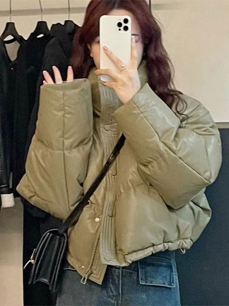 

Kendall Winter Thiened ort PU Leather Cotton Jaet Stand Collar Coat Women's Faionable Retro American Sle Bread Coat