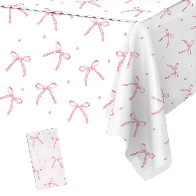 1pc Pink Bow Disposable Plastic Tablecloth, Wedding Bridal Shower Birthday Party Table Decor, Elegant Bow Theme Table Cover