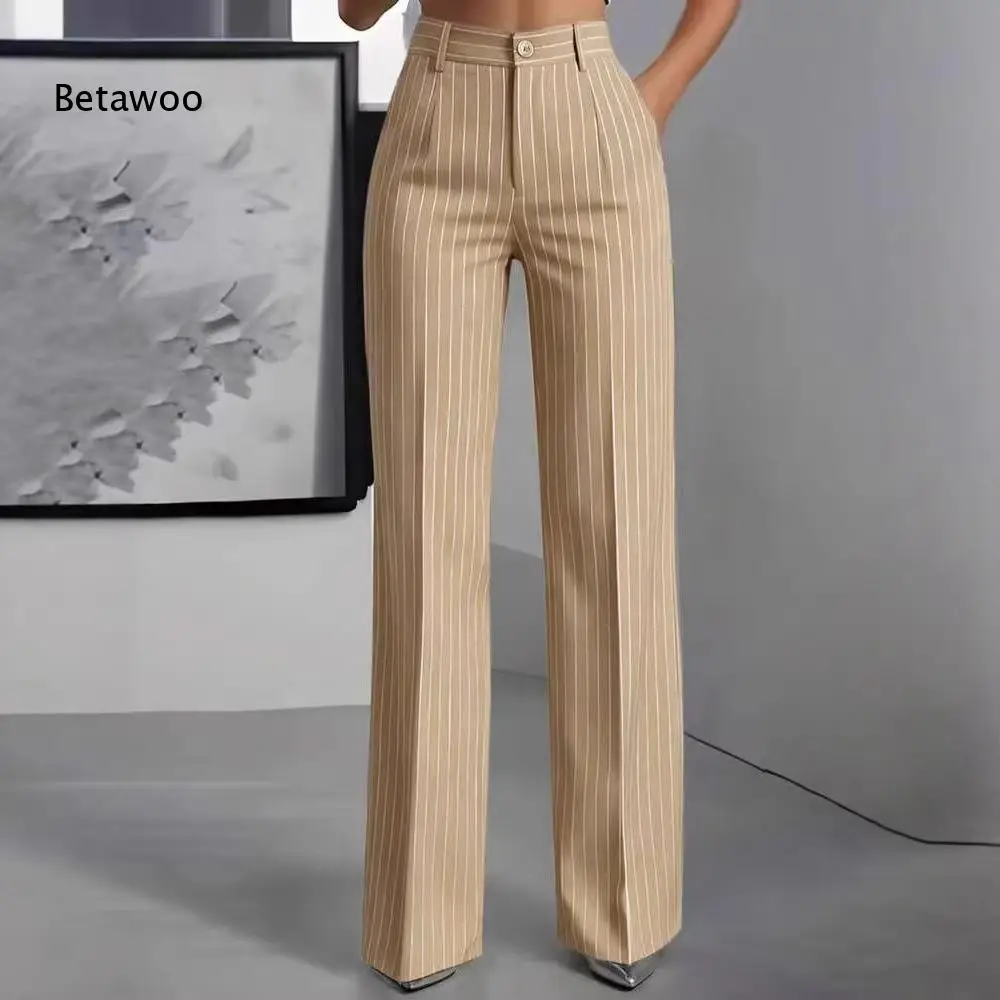 Khaki White Vertical Stripe High Rise Front Pleat Side Pocket Relaxed Straight Leg Floor Length Business Dress Pants