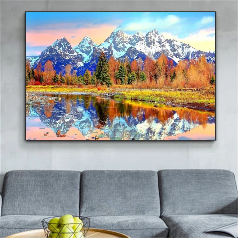 5D square DIY Diamond Painting color forest tree Cross Stitch Wall Art snow mountain Full Round Drill Embroidery for Home Decor