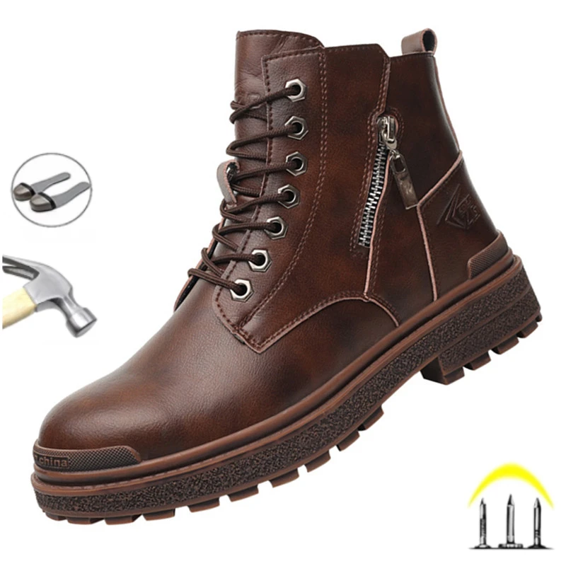 

New 2024 Fashion Leather Waterproof Men Safety Work Boots Steel Toe Anti-smash Stab-resistant Indestructible Male Sneakers Shoes