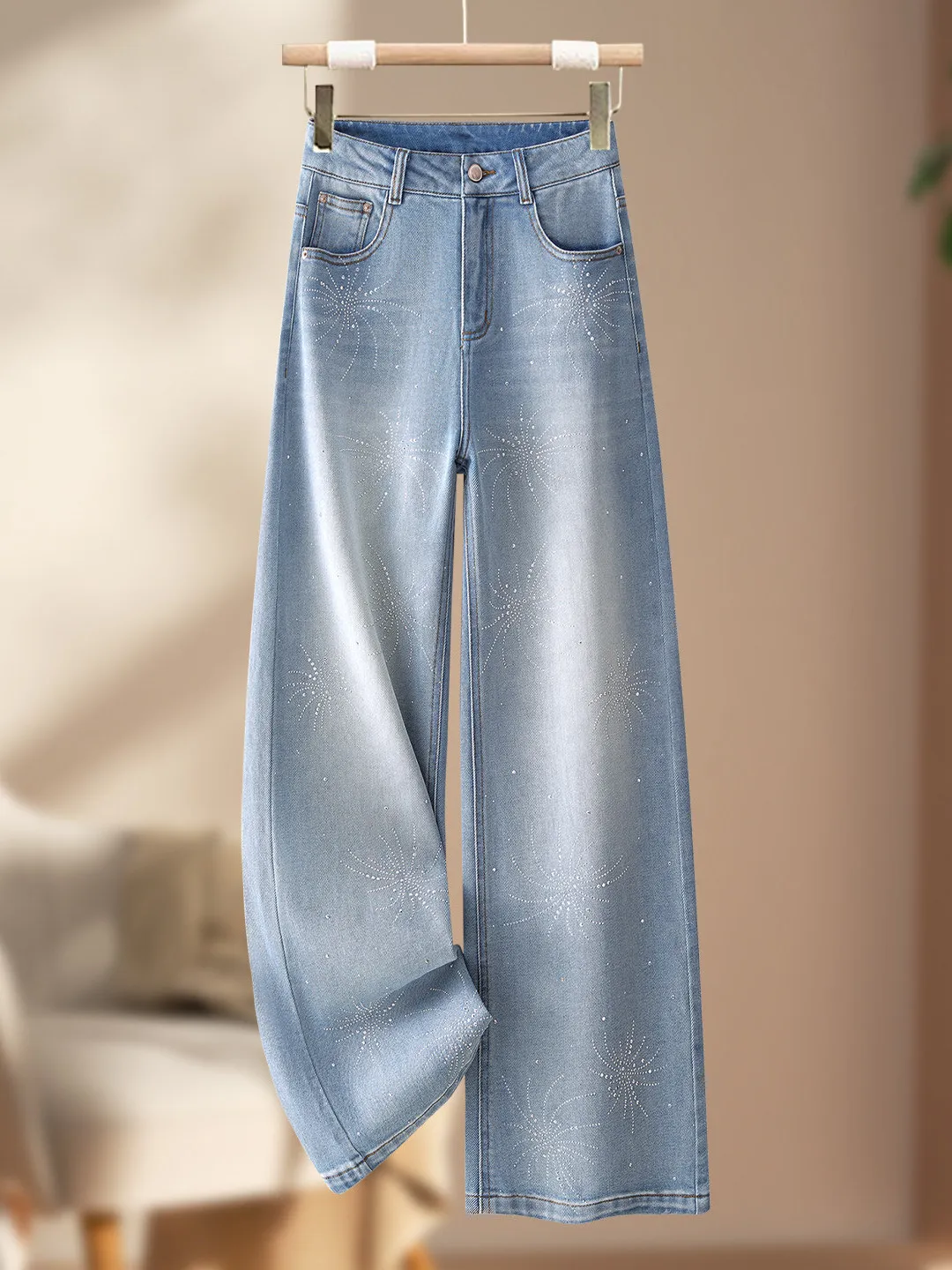 

High Waist Draped Loose Wide Leg Jeans Women's Spring Autumn Winter New Style Summer Shiny Rhinestone Denim Trousers