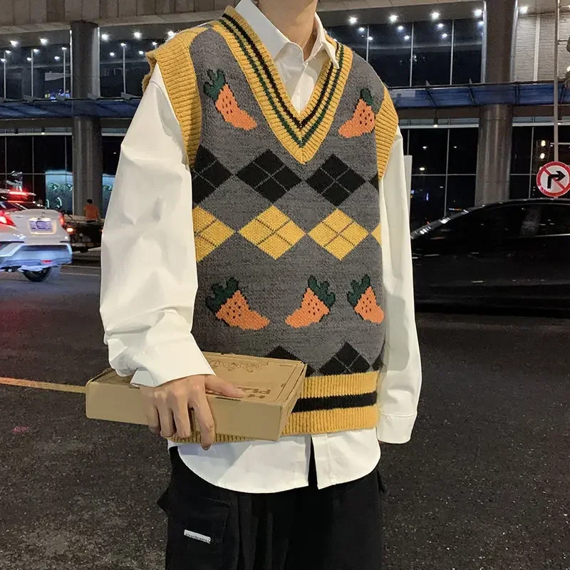 Sweater V-Neck Pria Longgar Bermotif Rompi Rajut Pria Diskon Pakaian 2025 Rompi Elegan Korea Ulasan Pakaian Murah Y2k