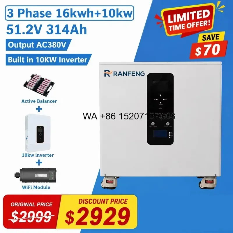 Wmwmnu for OEM ODM 51.2V 314Ah 16kWh LiFePO4 Battery with 10kW Three Phase Inverter 230V 380V Home Power All in One System