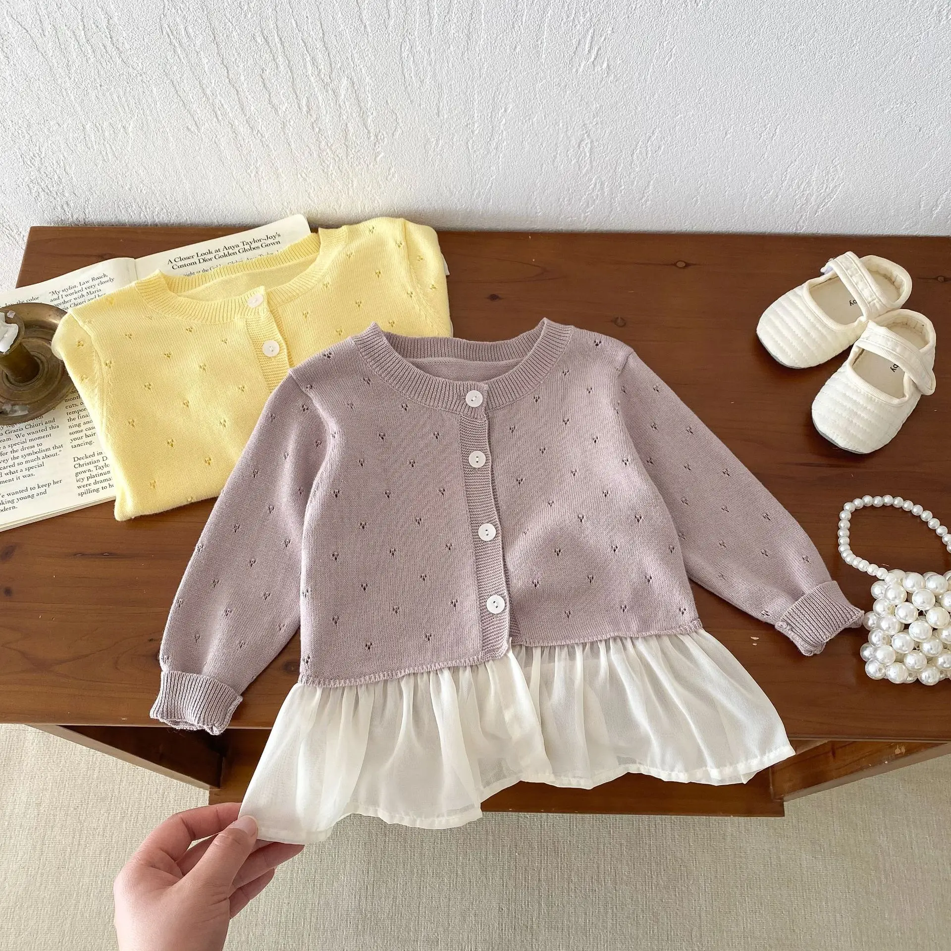 Coat Korean Girls Knitting Summer Shawl Outfit Sunscreen Open Stitch Simplicity 2024 Simple Childrens Clothing Solid