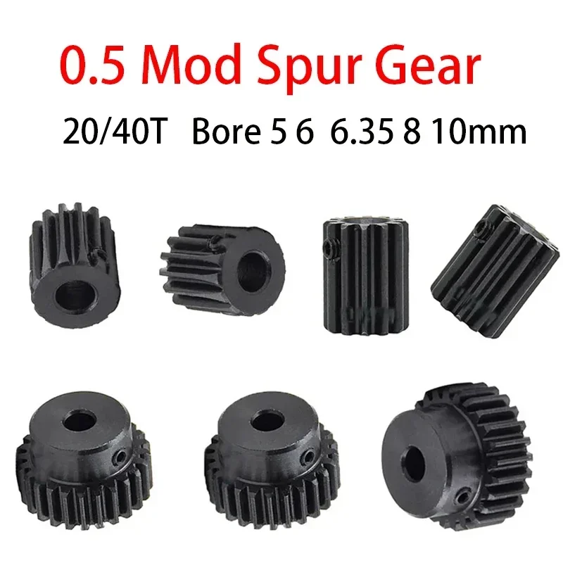 1pcs Mod 0.5 20/40t Spur Gear Bore 5 6 6.35 8 10mm 45# Steel Blackening Spindle Motor Transmission Gears Pinion Diy Accessories