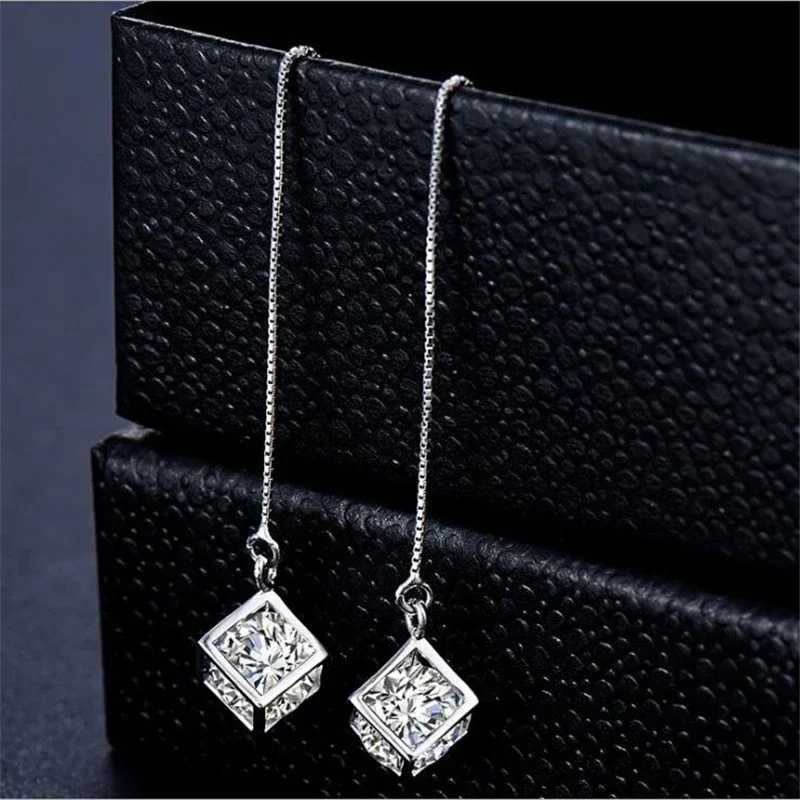 925 Sterling Silver Earrings for women Elegant Cube Zirconia Drop Chain Long Tassel Jewelry fashion wedding party Christmas Gift