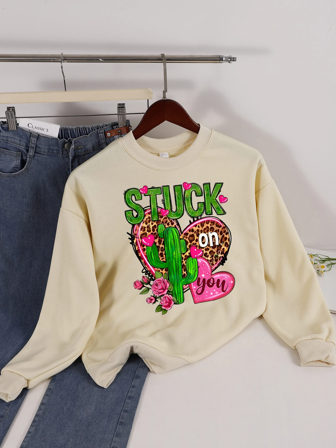 

Stuck On You, женский свитшот с леопардовым узором кактуса и принтом Love, повседневный пуловер с круглым вырезом, мягкая осенняя уличная одежда, одежда Y2K