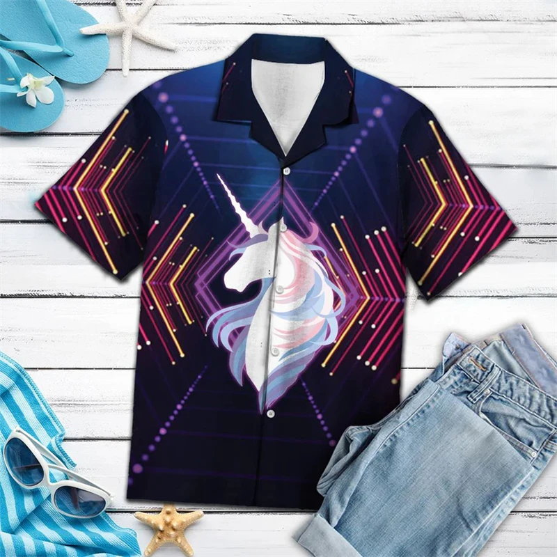 Fashion Unicorn Pattern Hawaiian Shirts For Men Summer Trendy Streetwear 3D Printed Short Sleeve Shirt Cool Oversized Blouses