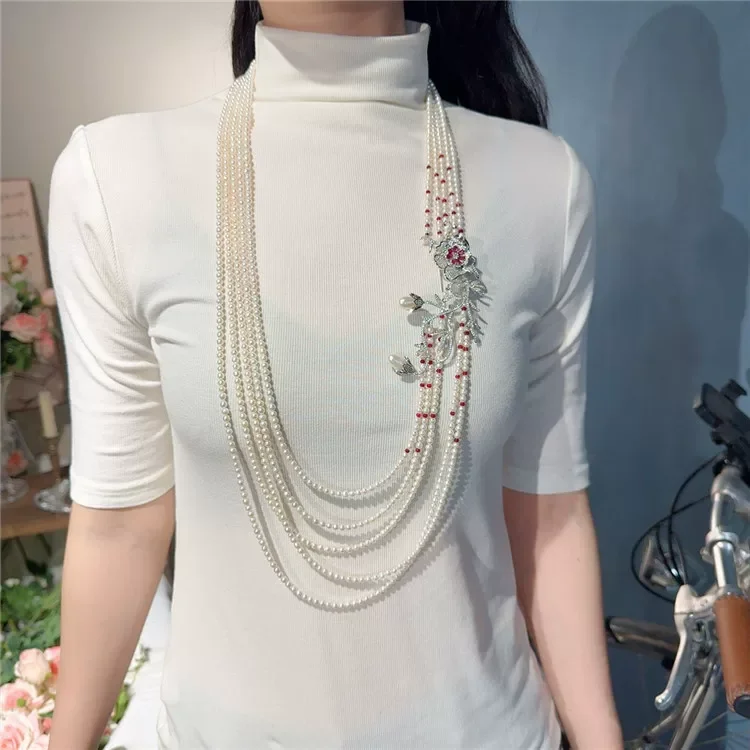 Natural Multi-Layer wtih Floral Accessories Jewelry Long Cardigan  Freshwater Pearl Necklace