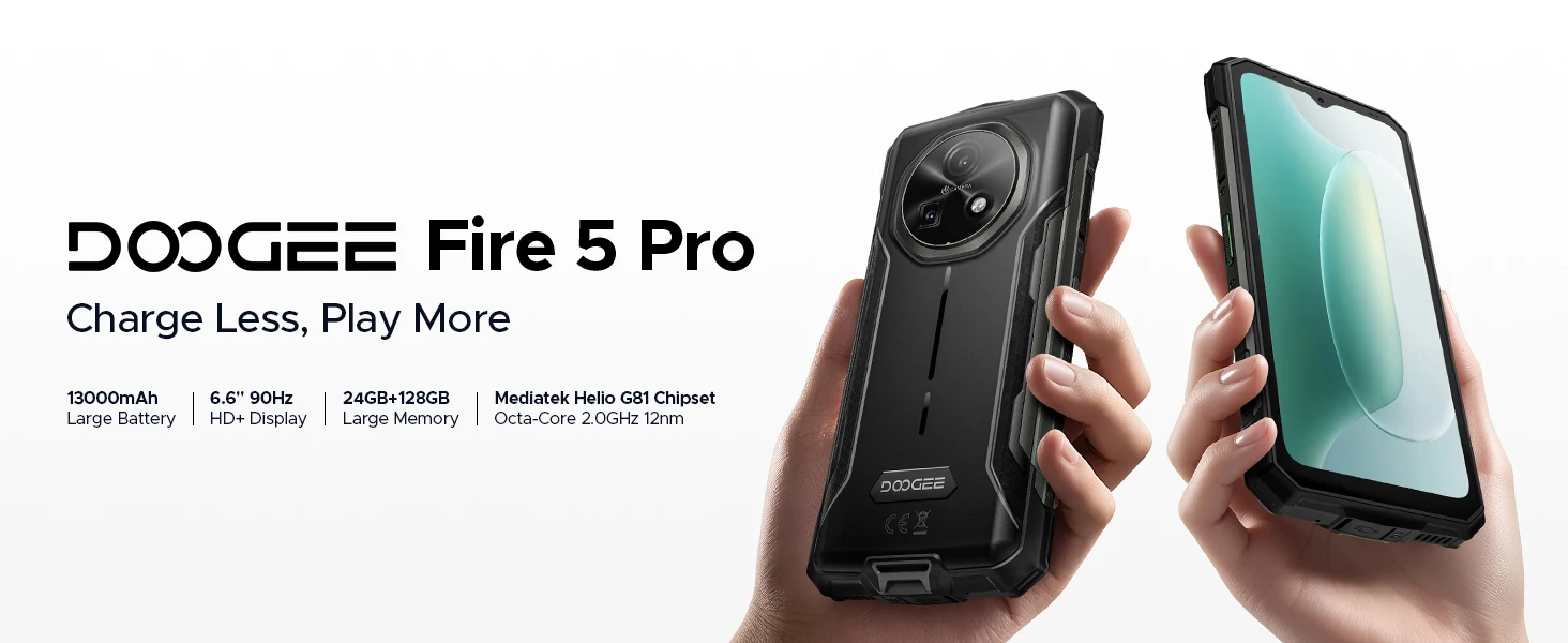 DOOGEE Fire 5 Pro Rugged Phone 24GB+128GB 6.6" HD+ Display 13000mAh Battery Helio G81 13MP+8MP NFC Android 16 Smartphone
