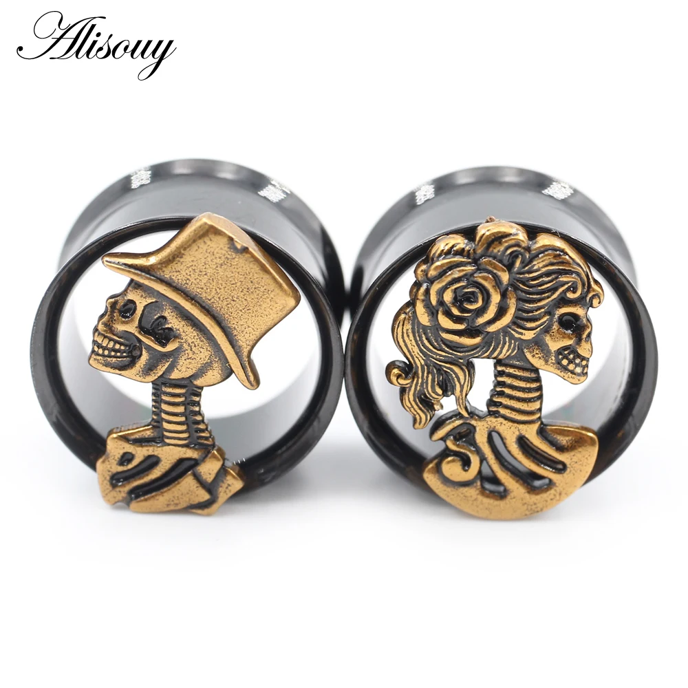 Alisouy 1PC Stainless Steel Hollow Hat Skull Flared Ear Tunnels Plugs Expanders Stretcher Gauges Earrings Piercing Body Jewelry