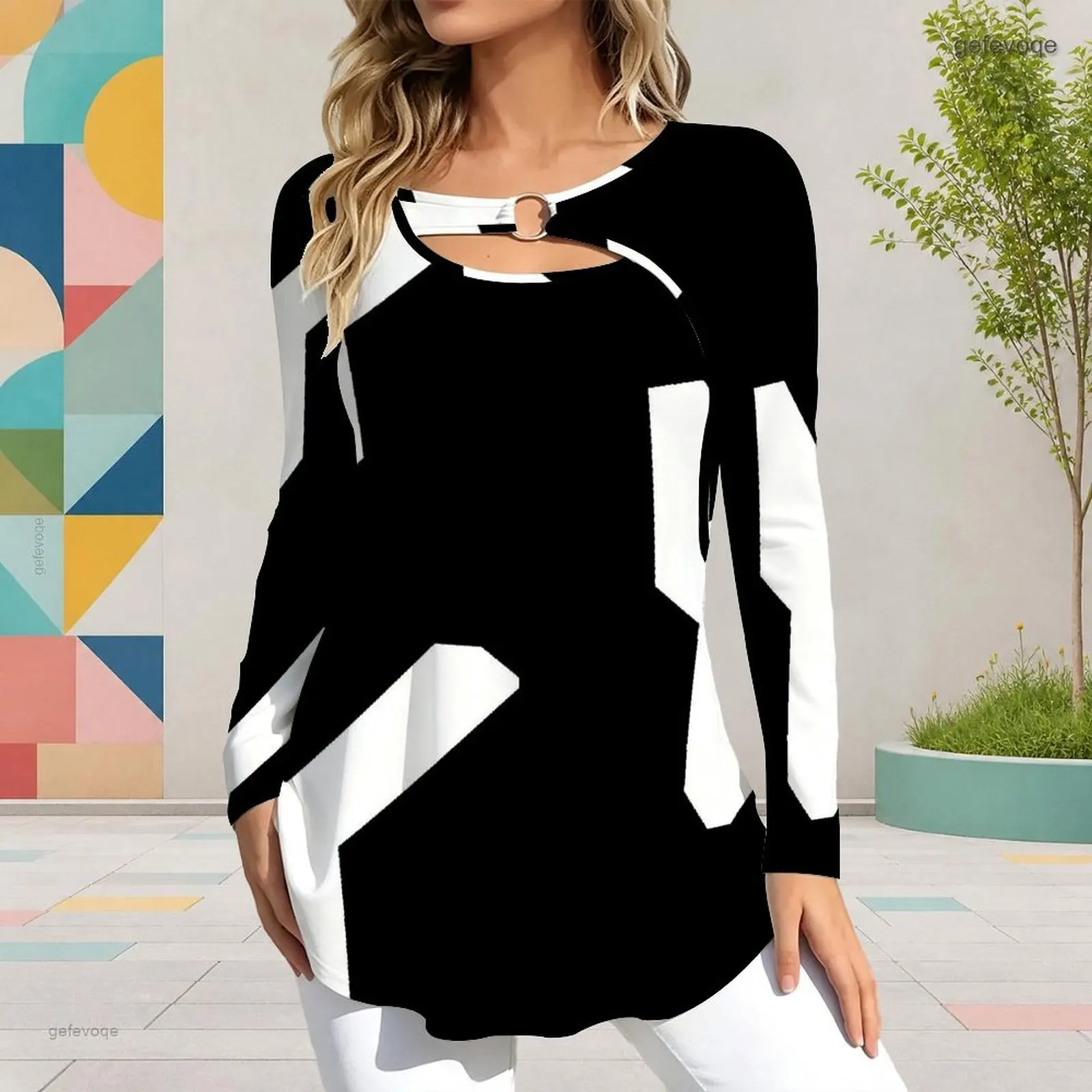 Women Printed Top Keyhole Ring Neck Long Sleeve Flared Hem
