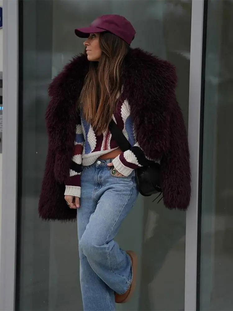 Chaqueta de piel sintética a la moda para mujer, cárdigan cálido y esponjoso holgado de manga larga con solapa para mujer, prendas de vestir de calle lisas para invierno 2024