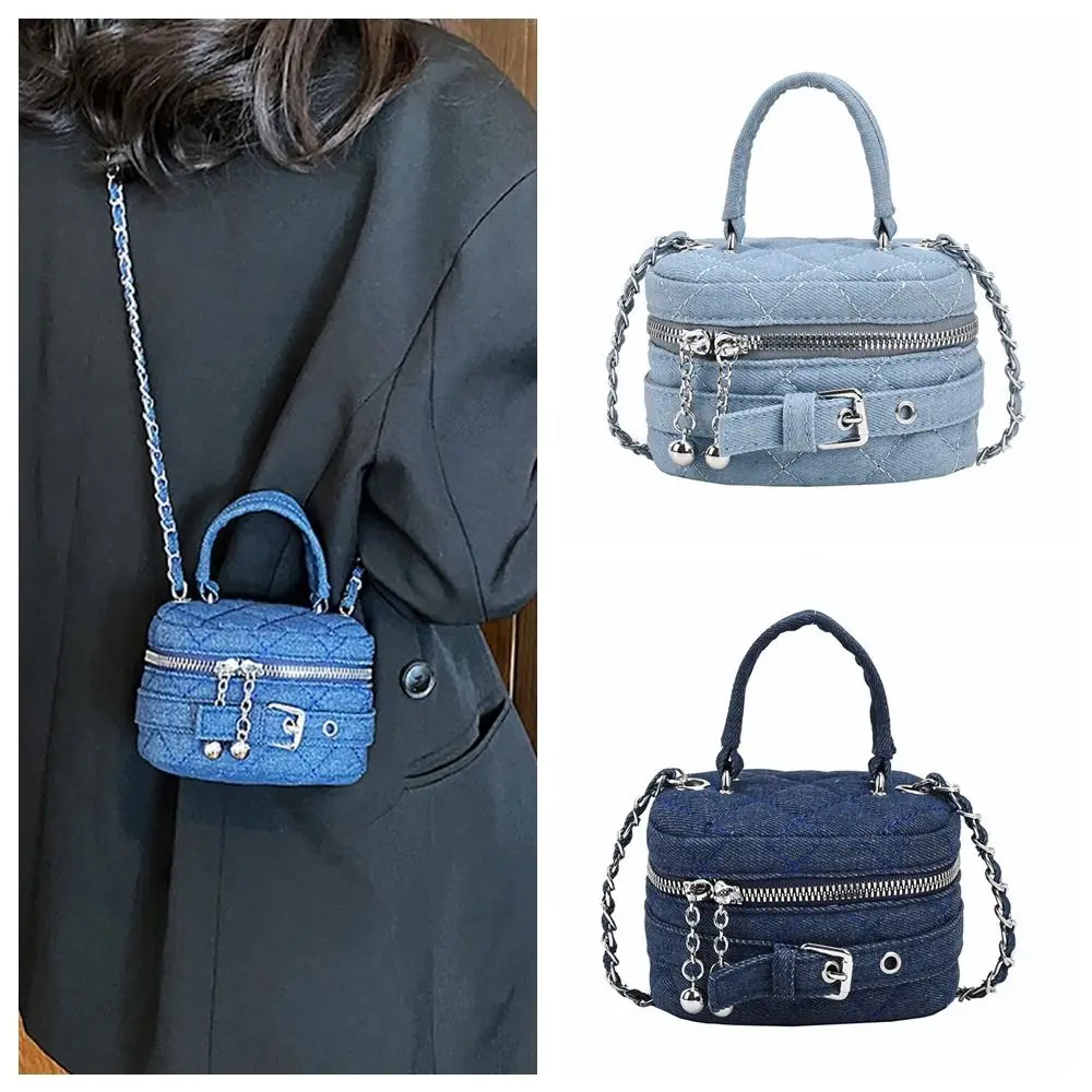 Saco de balde denim com corrente para meninas, bolsa crossbody simples, bolsa pequena, denim