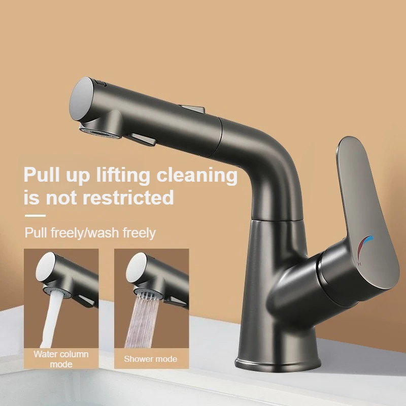 

Bathroom Brushed Basin Faucet Ceramic Valve Core Lifting and Pulling Type Faucet Basin Modern and Simple Bathroom Faucets