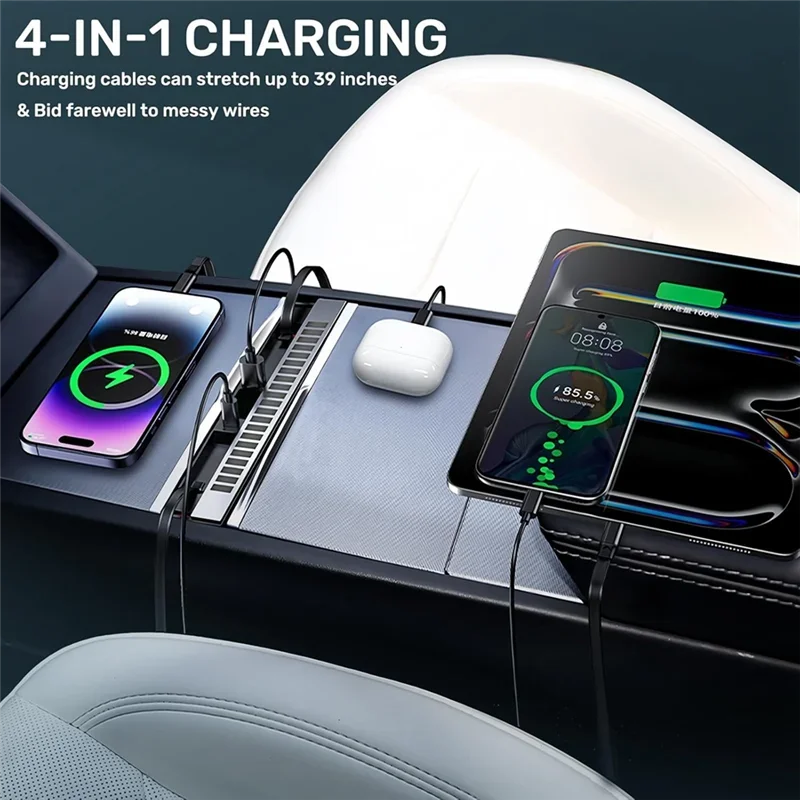 

Для Tesla Model Y Juniper Model 3 Highland 2025 USB-концентратор с несколькими портами RGB-подсветкой Док-станция Выдвижной кабель Зарядное устройство