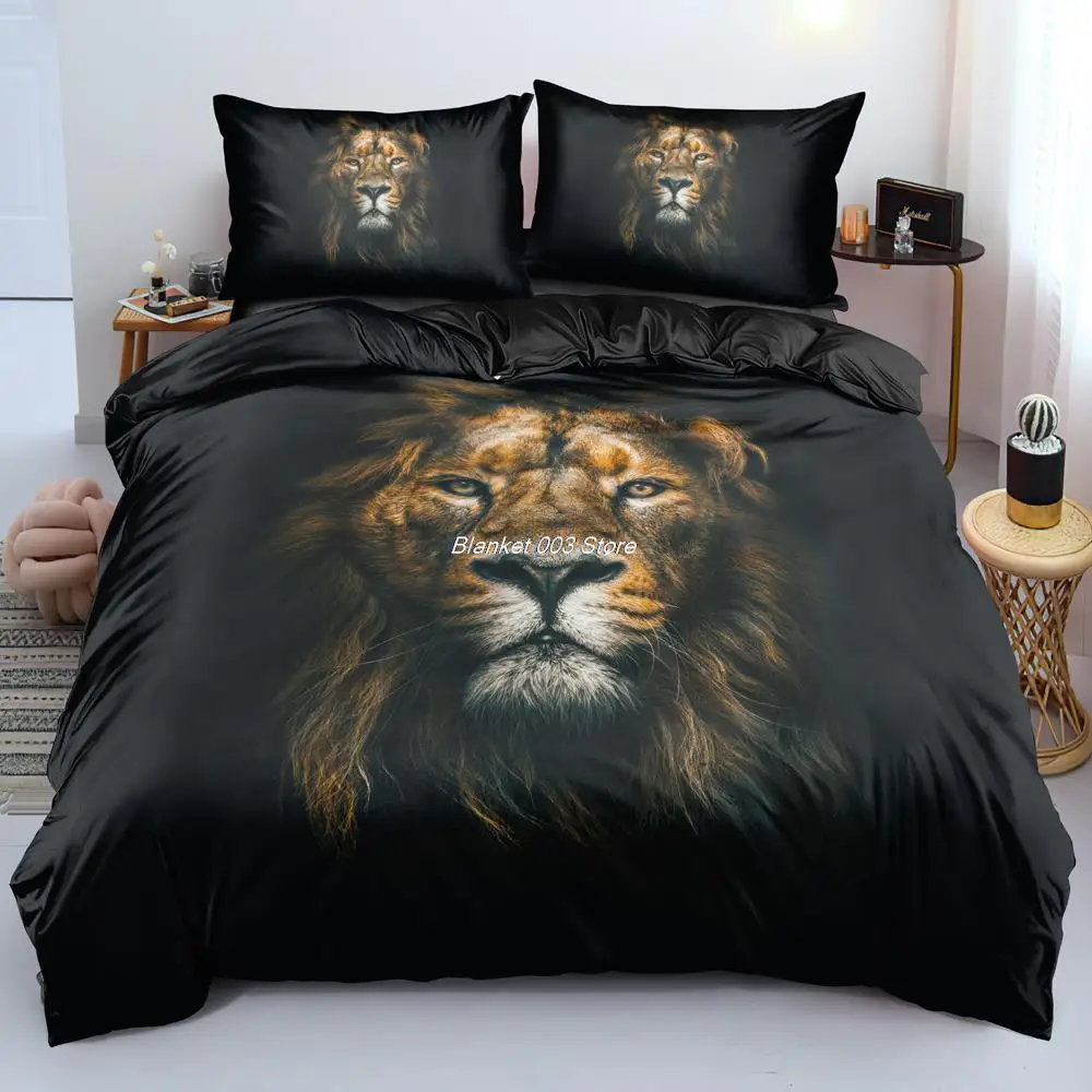 3D Lion Quilt Cover Sets Black Linens Bed Pillow Shams King Queen Super King Twin Double Full Size 180*200cm Animal Home Textile