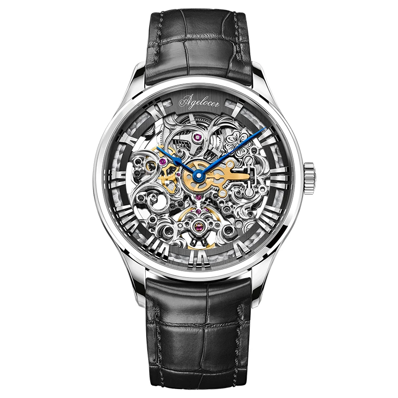 AGELOCER Original Baroque Art Carved Watch Men Luxury Business Formal Skeleton Automatic Mechanical Watch Birthday Gift for Men