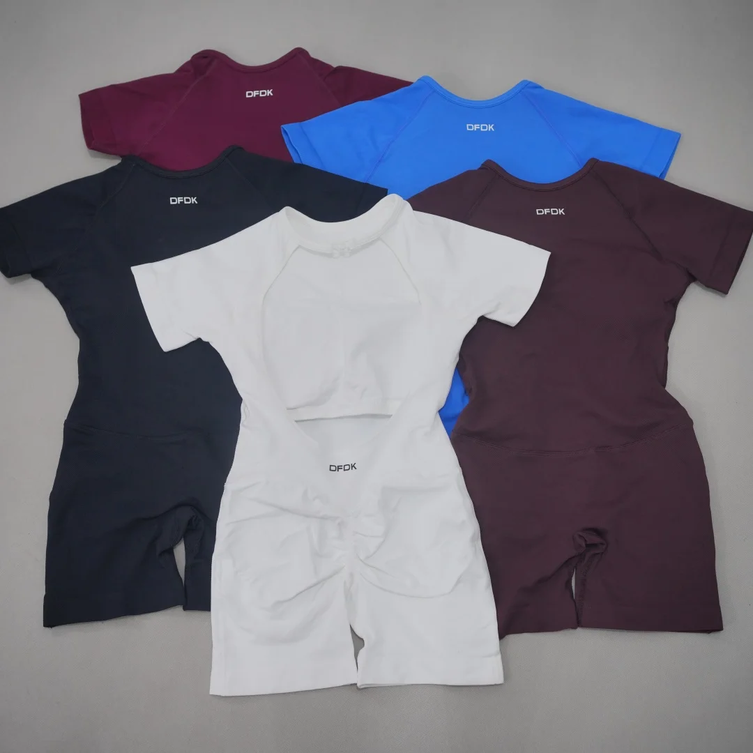 DFDK Short Sleeve One Piece Women's Backless Gym Set Yoga Tee Jumpsuit Workout Sports Playsuit Open Back Fitness Sportswear