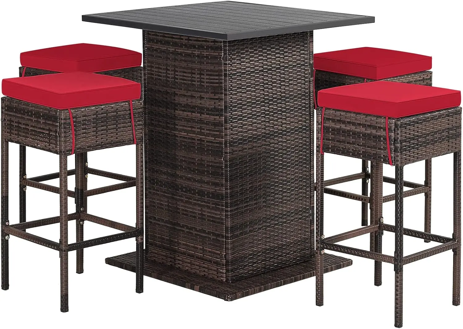 5PCS Wicker Bar Set - Counter-Height Rattan Table & 4 Bar Stools w/Hidden 2-Tier Storage Shelf, Cushions, Weatherproof Furniture