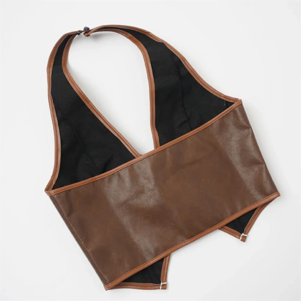 

Готический корсет из искусственной кожи для женщин, коричневый, с открытой спиной, укороченный топ, элегантное белье без рукавов с V-образным вырезом