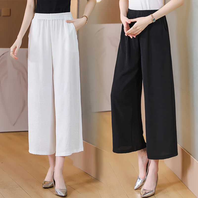 ホワイトコットンリネンワイドレッグパンツレディースルーズ薄手カジュアル九分丈パンツアウトレットブランド夏ストレートレッグlウエスト