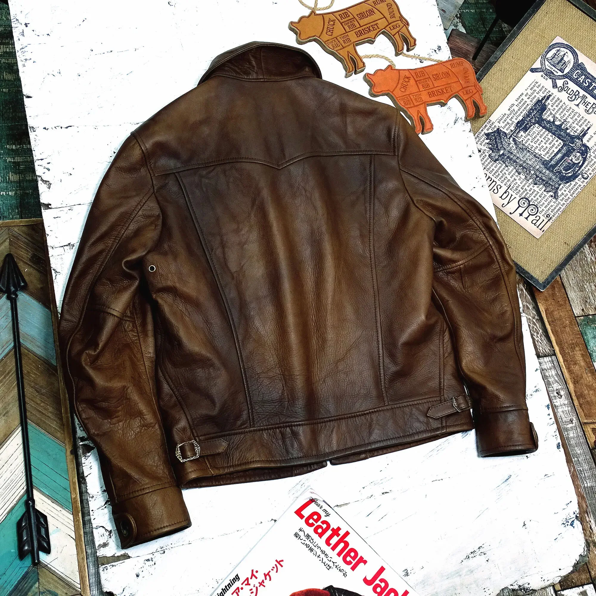 Cowhide Leahter Jacket for Men 1920's Mendoza Classic Cowboy Motorcycle Coat Short Slim Vintage Outfit