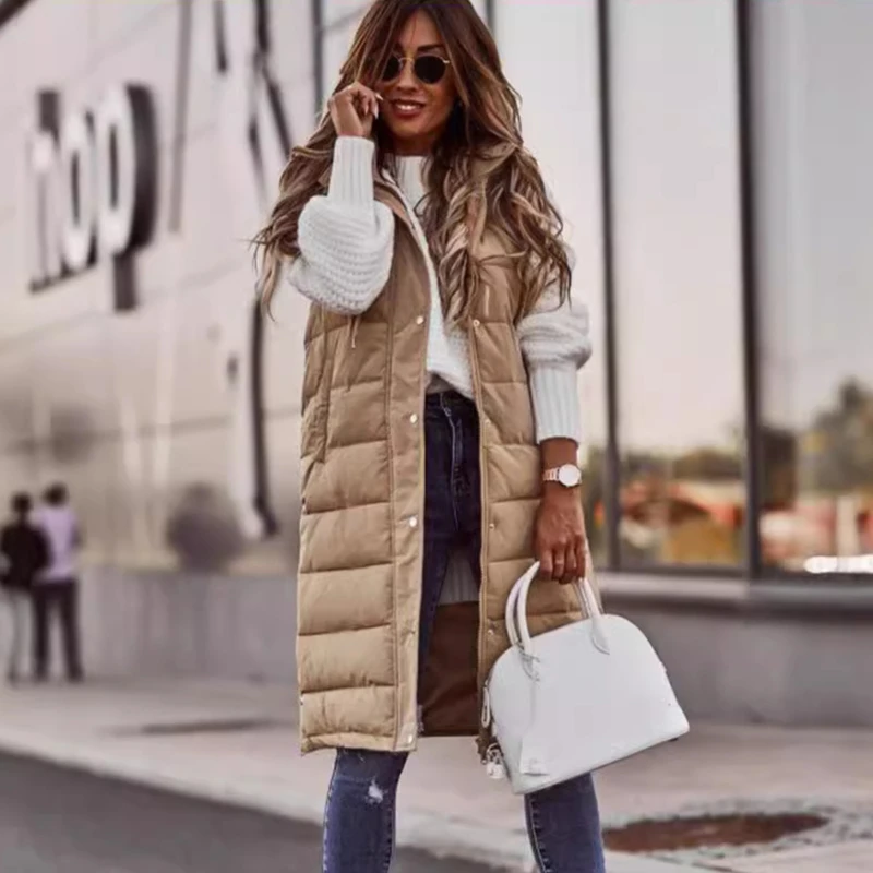 

2026 осенне-зимнее хлопковое пальто, женское повседневное однотонное пальто без рукавов, толстая теплая стеганая куртка, уличная одежда, пальто на хлопковой подкладке на молнии, пальто