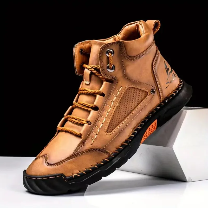 

Retro Men Boots Spring Plus Size Couple Shoe Soft Leather Comfortable Lace Up High Top Shoes Hiking Non Slip New Men Ankle Boots