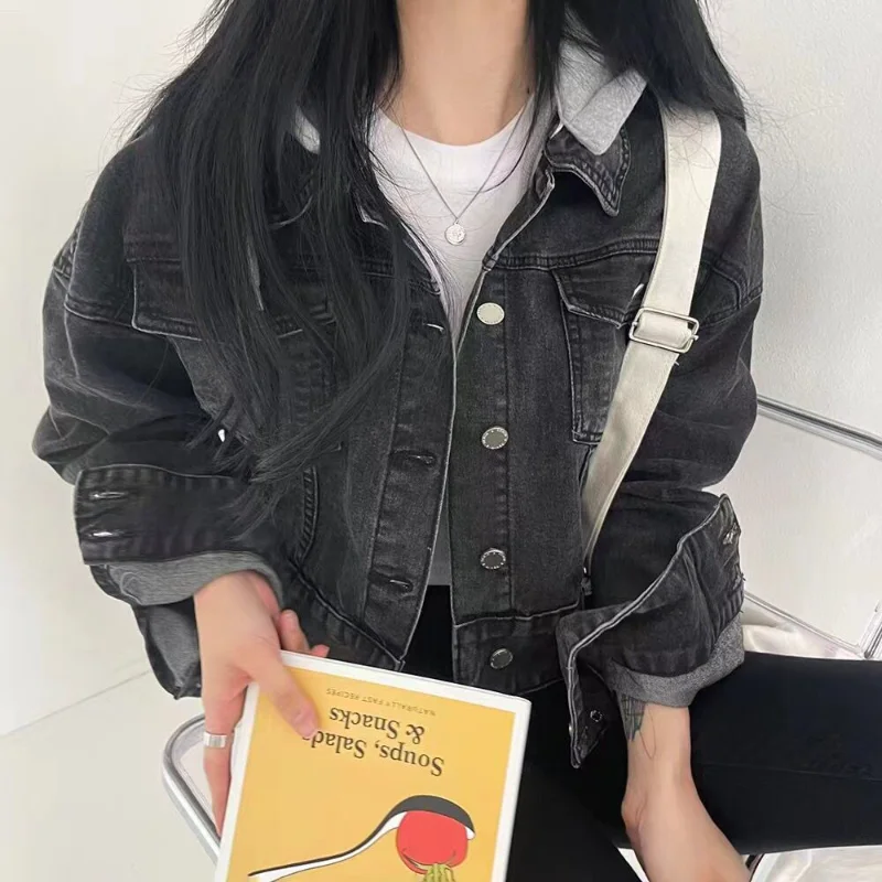 Coreano chique retro denim curto feminino único breasted removível chapéu jaqueta cardigan topo