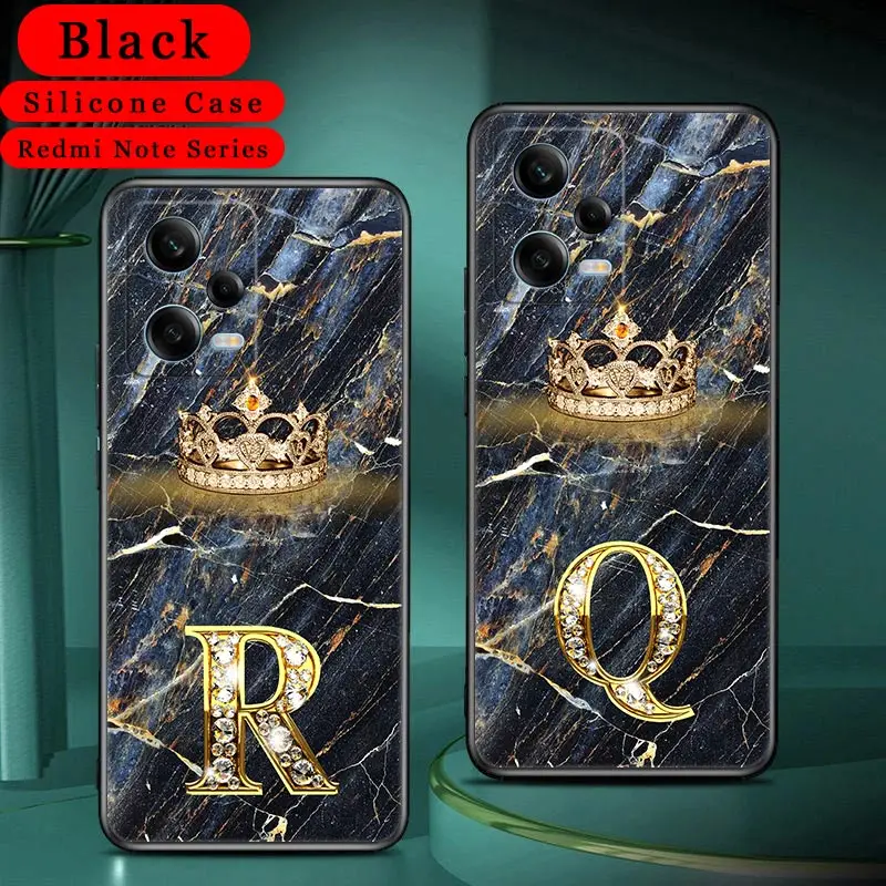 Marble Crown Initial Letter R Q T Soft Case For Xiaomi Redmi Note 12 Pro Plus 12S 11 10 Pro 11S 10S 9 8 Pro 9S 7 Case Back Cover