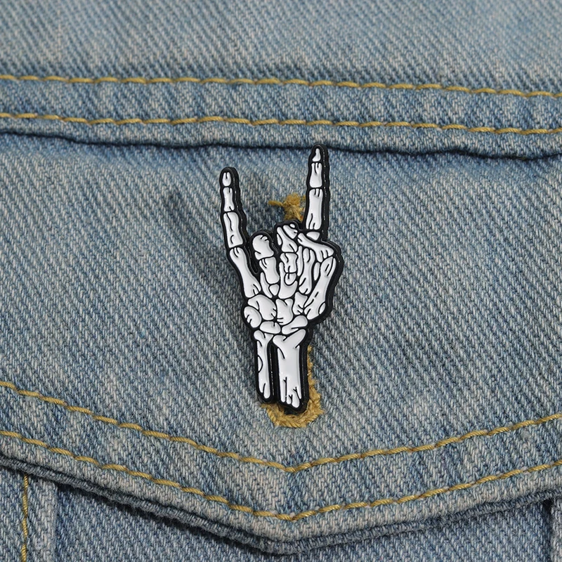 Rock Band Gestures Enamel Pins Custom Halloween Skeletal Finger Joints Brooches Lapel Badges Punk Gothic Jewelry Gift For Kids