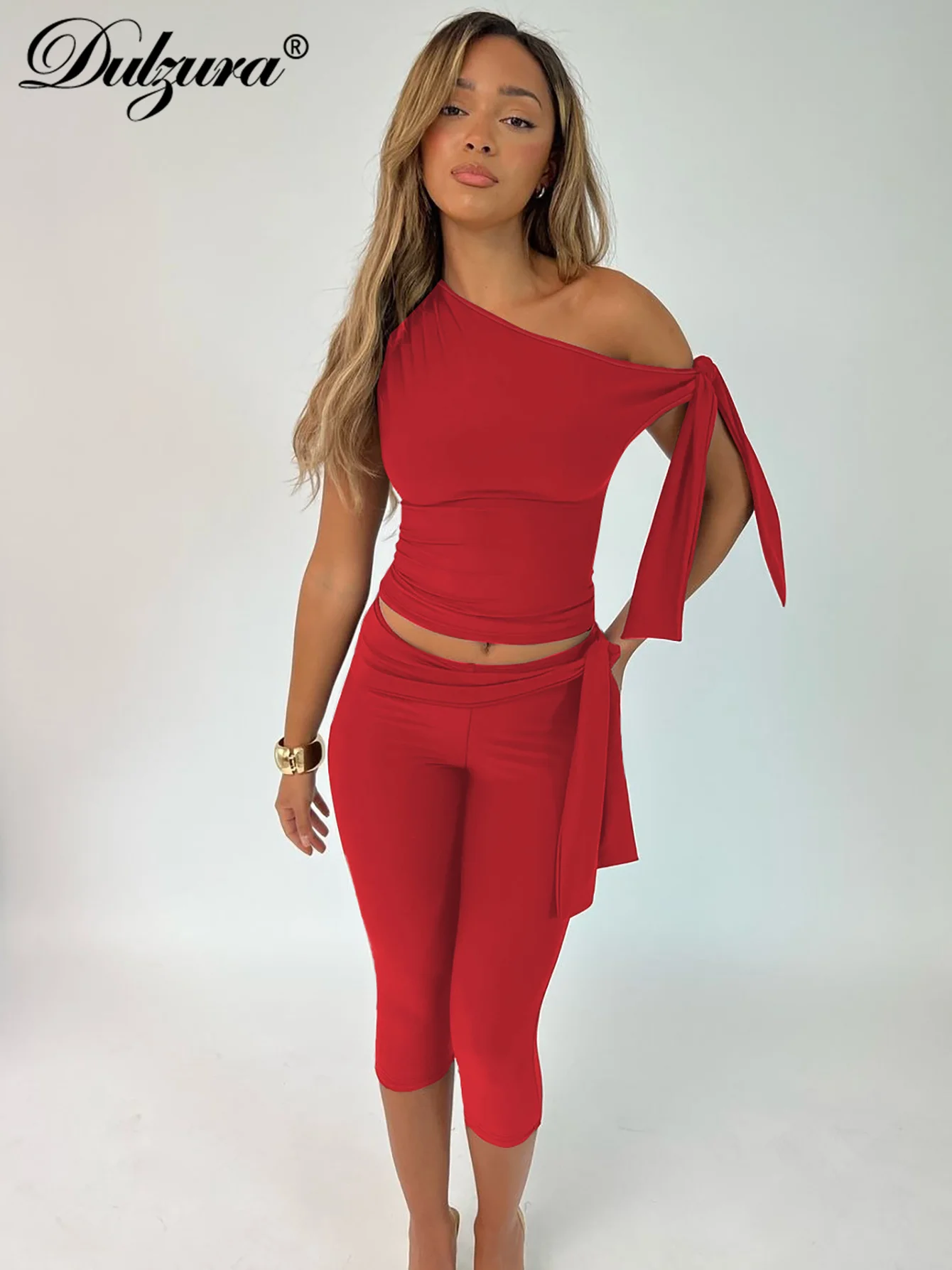 Dulzura Sexy Elegant Lace Up 2 Piece Shorts Set Diagonal Collar Sleeveless Bodycon Crop Top And Shorts Matching Set Party Club