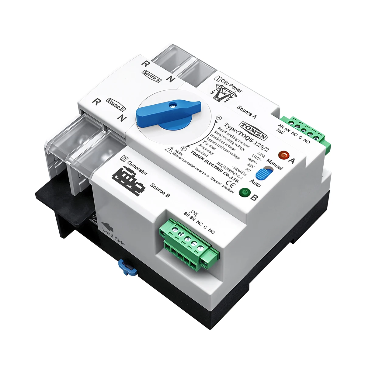 TOMZN Single Phase Din Rail ATS 220V Dual Power Automatic Transfer Electrical Selector Switches Uninterrupted 2P 63A 100A 125A